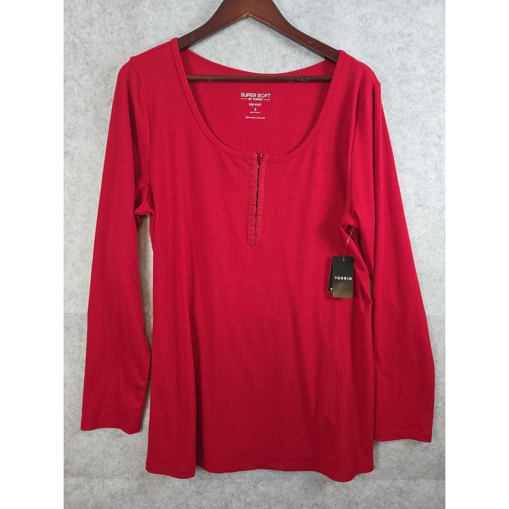 Torrid Super Soft 2X Rib Knit Henley Shirt Hook & Eye Jester Red Scoop Neck NEW